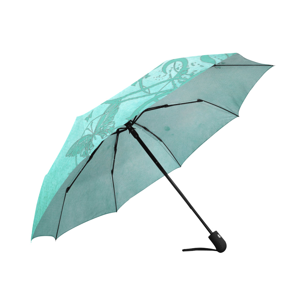 Anti-UV Automatic Foldable Sea Green Butterfly Trim Umbrella
