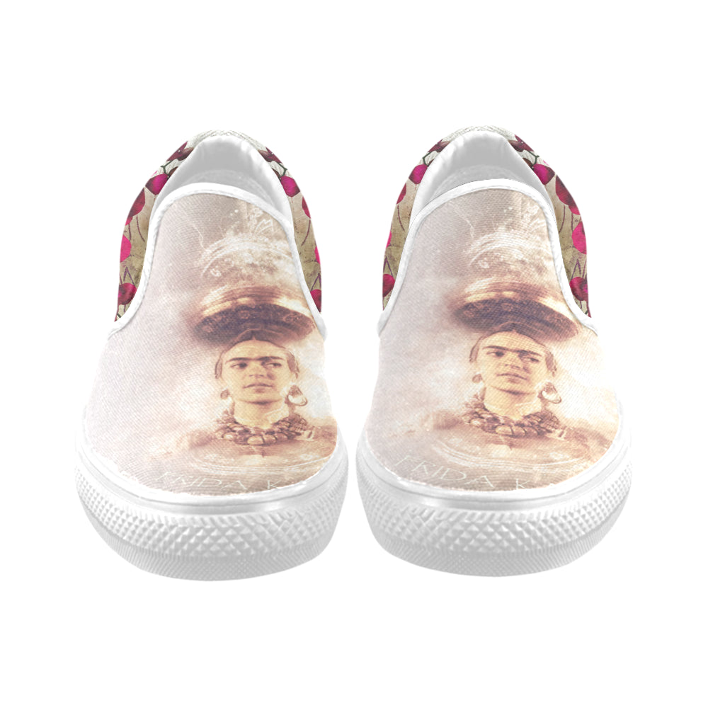 Slip-On Women's Frida Kahlo Orchid Shoes (Model 019) (Two Shoes With Different Printing)