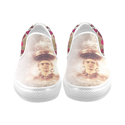 Slip-On Women's Frida Kahlo Orchid Shoes (Model 019) (Two Shoes With Different Printing)