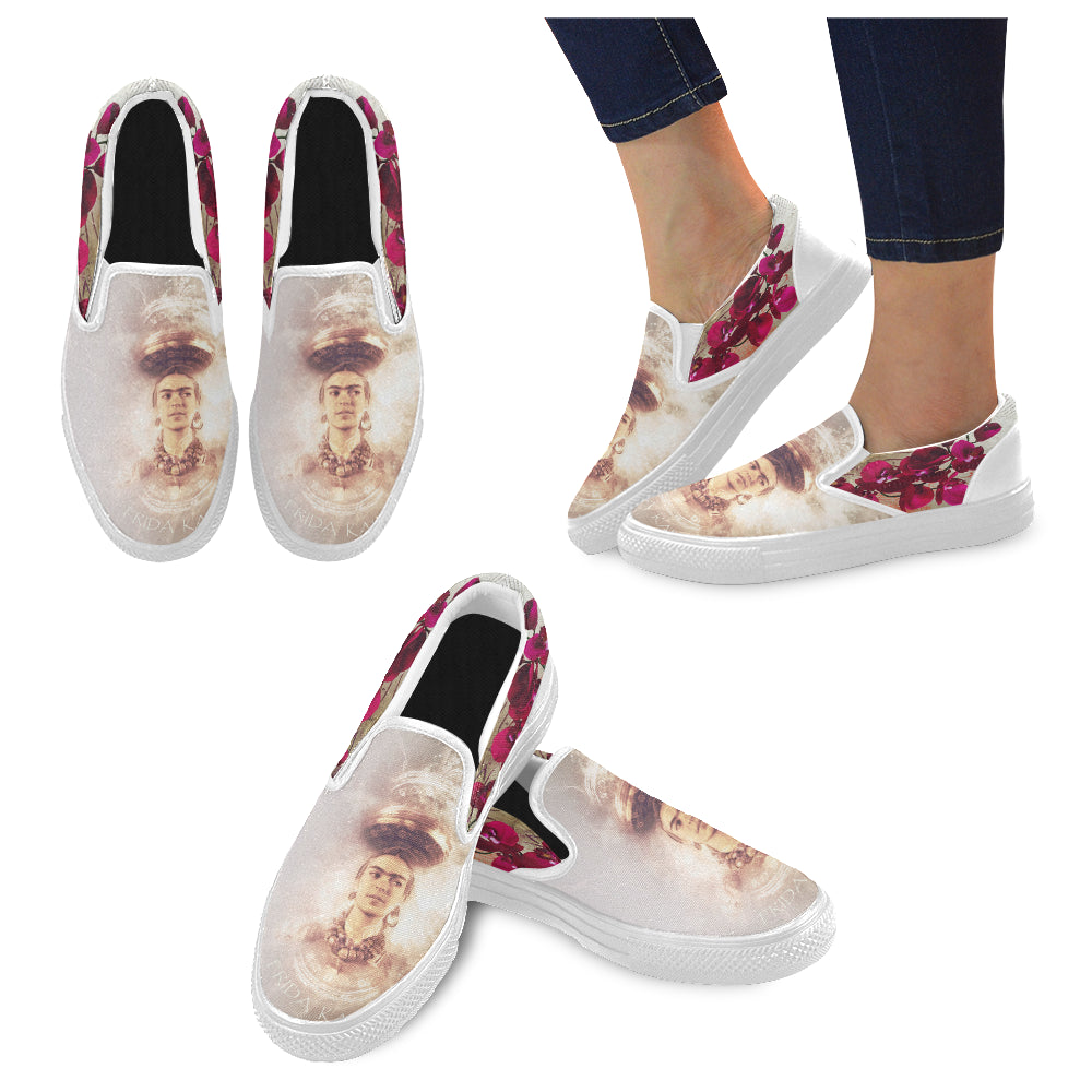 Slip-On Women's Frida Kahlo Orchid Shoes (Model 019) (Two Shoes With Different Printing)