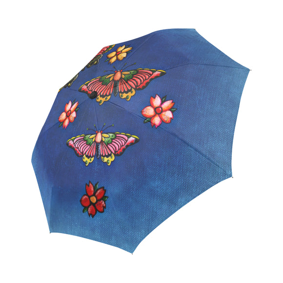 Anti-UV Automatic Foldable Vintage Butterfly Blue Umbrella