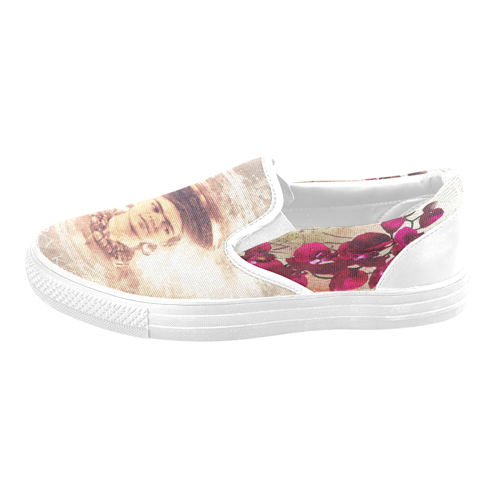 Slip-On Women's Frida Kahlo Orchid Shoes (Model 019) (Two Shoes With Different Printing)