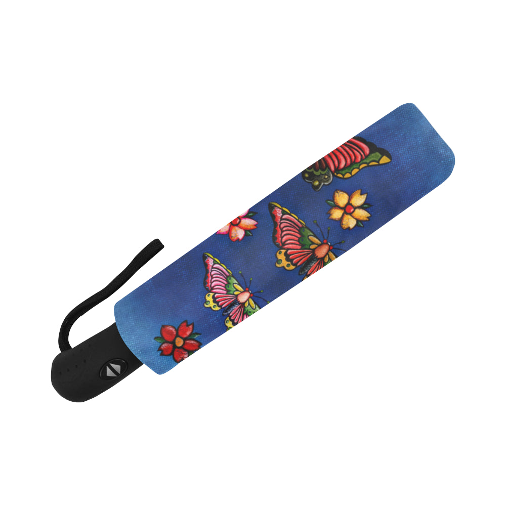 Anti-UV Automatic Foldable Vintage Butterfly Blue Umbrella