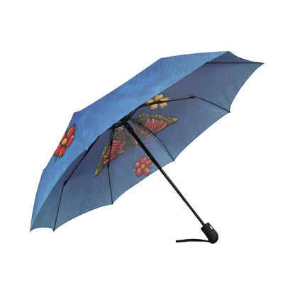 Anti-UV Automatic Foldable Vintage Butterfly Blue Umbrella