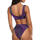 Swimsuit Sport Top & High-Waisted Purple Feathers Bikini Swimsuit (Model S07)
