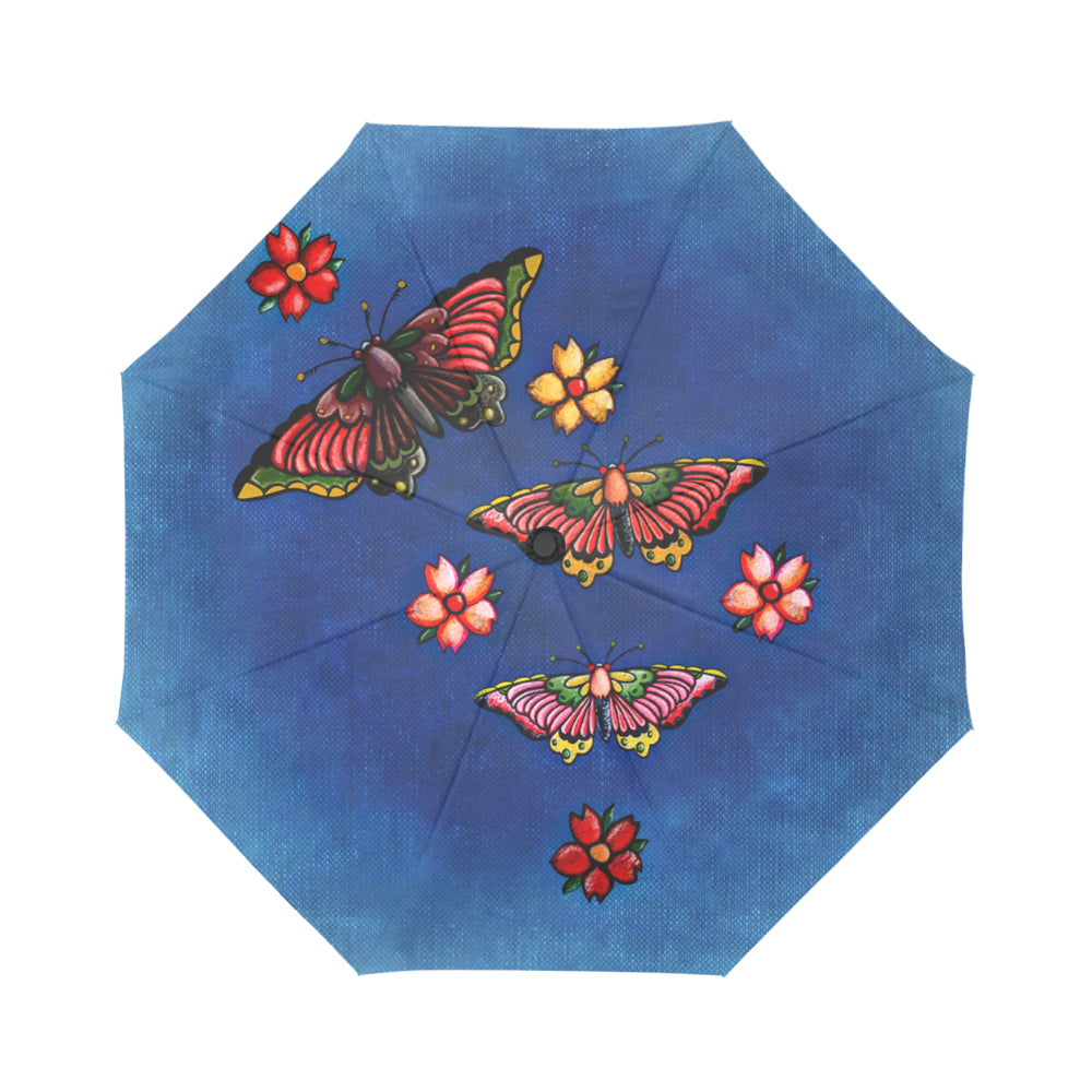 Anti-UV Automatic Foldable Vintage Butterfly Blue Umbrella