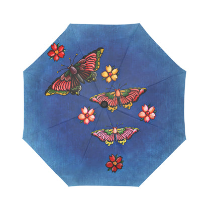 Anti-UV Automatic Foldable Vintage Butterfly Blue Umbrella