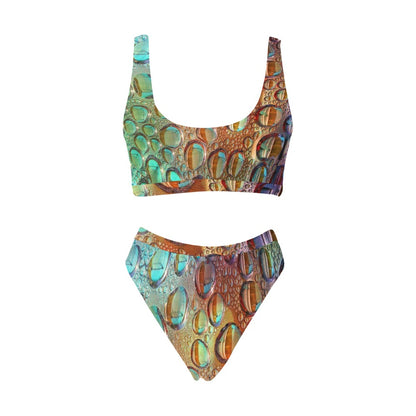 Sports Top & High-Waisted Copper Raindrops Bikini Swimsuit (Model S07)