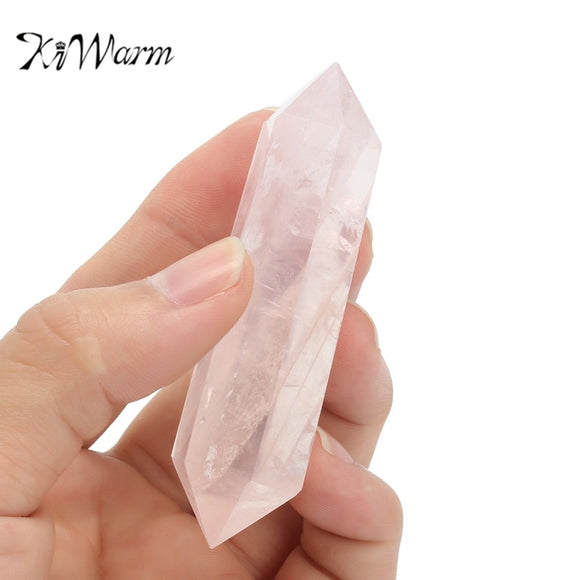 KiWarm 100% Natural Pink Rose Crystal Quartz Stone Point Double Terminated Wand Healing Gemstone Home Decor DIY Crafts 70-90MM