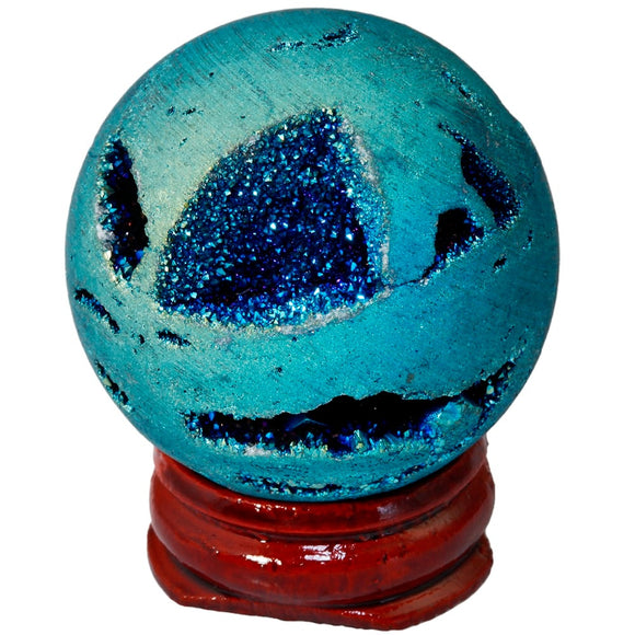 TUMBEELLUWA Light Blue Titanium Coated Druzy Agate Geode Sphere Ball Divination Reiki Healing Figurine With Wood Stand